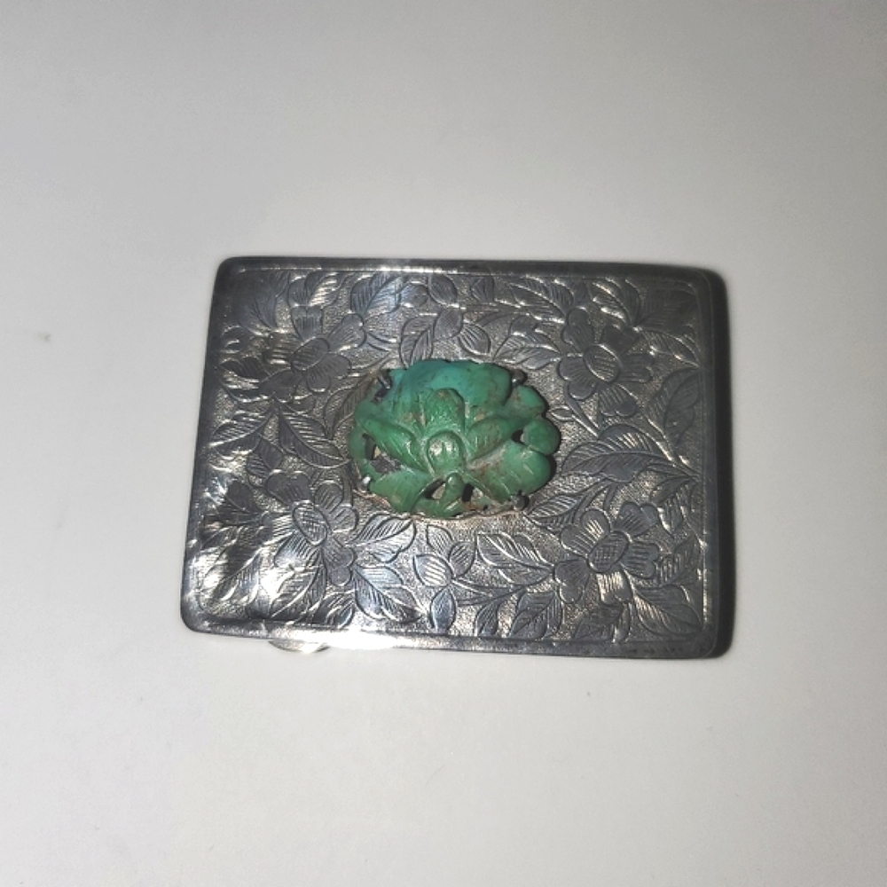 19th Century Silver Carved Jade  Pill Box